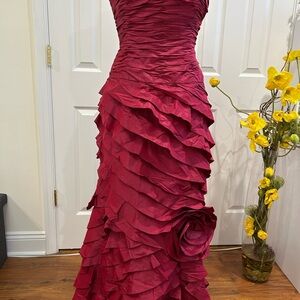 Teri Jon Strapless Ruffled Rosette Maxi Gown in Wine